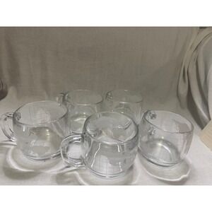 5 Vintage Nestle World Globe Etched Clear‎ Glass Coffee Mug Tea Cup 1970s  #220